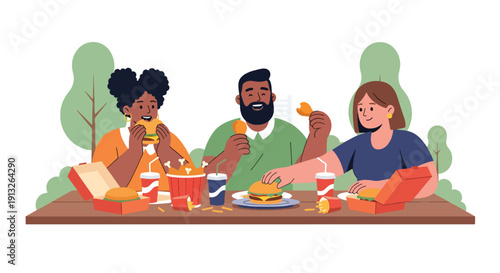 Modern flat vector illustration of overweight friends sharing burgers and fried chicken outdoors, showing social fast food lifestyle and body diversity concept