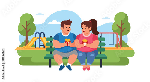 Modern flat vector illustration of plus-size teens eating hot dogs and fries in park, showing youth fast food culture and unhealthy habits