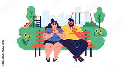 Modern flat vector illustration of plus-size teens eating hot dogs and fries in park, showing youth fast food culture and unhealthy habits