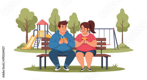 Modern flat vector illustration of plus-size teens eating hot dogs and fries in park, showing youth fast food culture and unhealthy habits
