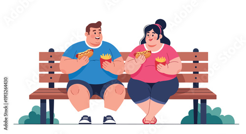 Modern flat vector illustration of plus-size teens eating hot dogs and fries in park, showing youth fast food culture and unhealthy habits