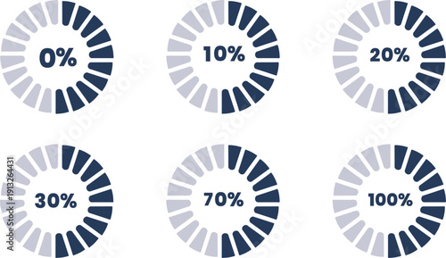 Dynamic circular progress indicators illustrating performance metrics and overachievement, featuring 0% to 100% completion rates for business data visualization.