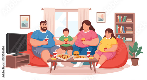 Flat vector illustration of overweight family eating pizza at home, showing weekend fast food lifestyle and body diversity in domestic setting