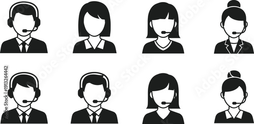 Customer support agent avatars, call center operators, male female headset icons, helpdesk service communication, isolated white background vector illustration set