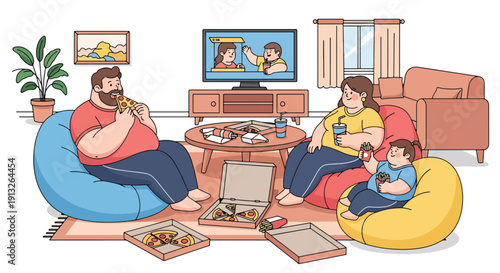 Flat vector illustration of overweight family eating pizza at home, showing weekend fast food lifestyle and body diversity in domestic setting