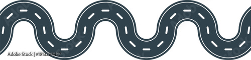 Seamless horizontal vector graphic of a winding asphalt road with dashed white lane markings, depicting a long, continuous journey and complex route planning on a clean white background.