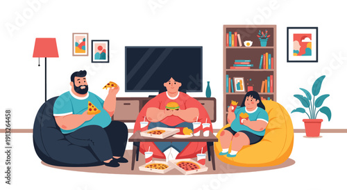 Flat vector illustration of overweight family eating pizza at home, showing weekend fast food lifestyle and body diversity in domestic setting