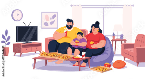 Flat vector illustration of overweight family eating pizza at home, showing weekend fast food lifestyle and body diversity in domestic setting
