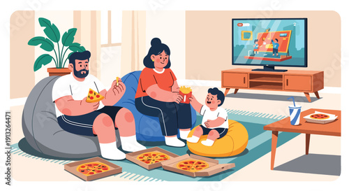Flat vector illustration of overweight family eating pizza at home, showing weekend fast food lifestyle and body diversity in domestic setting