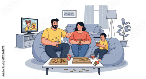 Flat vector illustration of overweight family eating pizza at home, showing weekend fast food lifestyle and body diversity in domestic setting