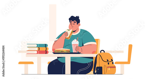 Modern flat vector illustration of plus-size student eating sandwich and milkshake at cafeteria, showing unhealthy campus lifestyle