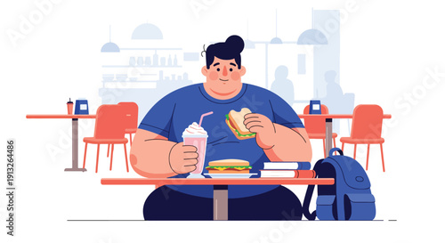 Modern flat vector illustration of plus-size student eating sandwich and milkshake at cafeteria, showing unhealthy campus lifestyle