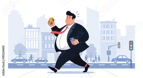 Modern flat vector illustration of overweight businessman eating burger while walking, showing busy lifestyle and unhealthy diet