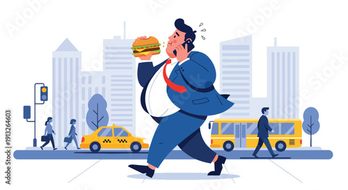 Modern flat vector illustration of overweight businessman eating burger while walking, showing busy lifestyle and unhealthy diet