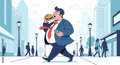Modern flat vector illustration of overweight businessman eating burger while walking, showing busy lifestyle and unhealthy diet