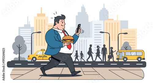 Modern flat vector illustration of overweight businessman eating burger while walking, showing busy lifestyle and unhealthy diet