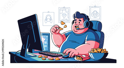 Flat vector illustration of overweight gamer eating chips and fried snacks at computer desk, showing sedentary lifestyle