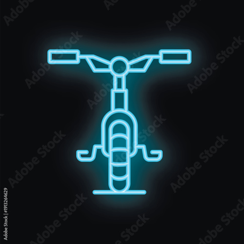Blue neon sign of a child bike glowing on a black background
