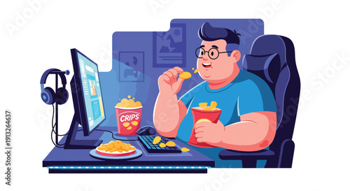 Flat vector illustration of overweight gamer eating chips and fried snacks at computer desk, showing sedentary lifestyle