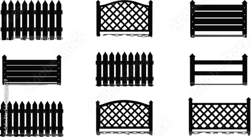 Garden fence collection set, wooden barrier designs, picket and lattice fencing, home boundary protection elements, monochrome vector illustration isolated