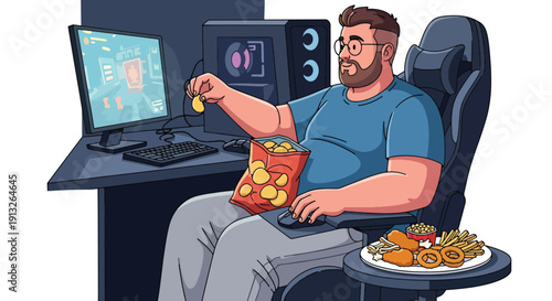 Flat vector illustration of overweight gamer eating chips and fried snacks at computer desk, showing sedentary lifestyle