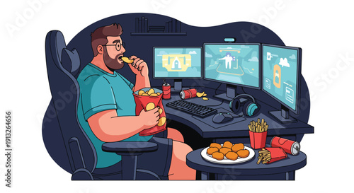 Flat vector illustration of overweight gamer eating chips and fried snacks at computer desk, showing sedentary lifestyle
