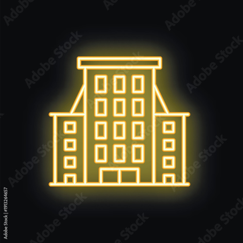 Neon yellow office building is shining on a black background