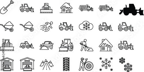 snow removal, snowplow, shovel, winter, tractor, truck, ice, road, cleaning, service, maintenance, equipment, weather, vehicle, transport, safety, cold, icon, illustration, vector