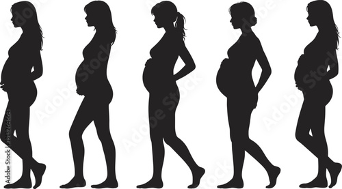 Pregnant woman silhouette collection, maternity expecting mother poses set, pregnancy female figures, isolated black prenatal characters, flat vector illustration