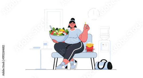 Modern flat vector illustration of plus-size woman eating fries and salad in gym lounge, showing balance and unhealthy habits