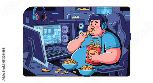 Flat vector illustration of overweight gamer eating chips and fried snacks at computer desk, showing sedentary lifestyle