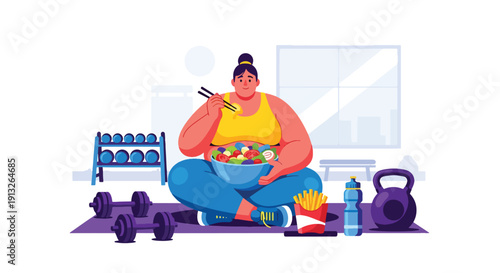 Modern flat vector illustration of plus-size woman eating fries and salad in gym lounge, showing balance and unhealthy habits