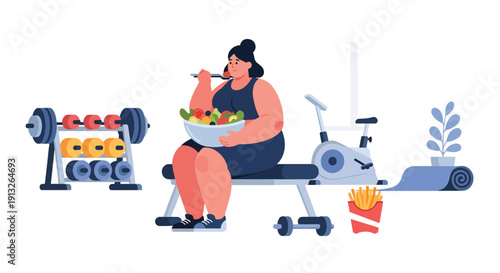 Modern flat vector illustration of plus-size woman eating fries and salad in gym lounge, showing balance and unhealthy habits