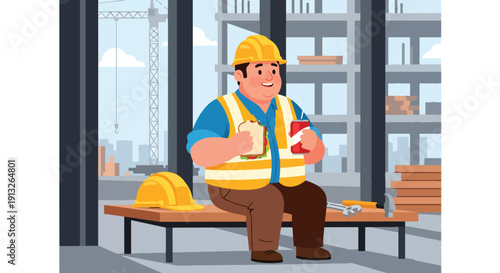 Modern flat vector illustration of overweight construction worker eating sandwich and soda, showing calorie-heavy work meal
