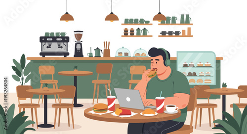 Flat vector illustration of overweight freelancer eating fast food in café while working on laptop, showing modern lifestyle