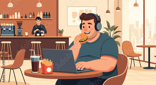 Flat vector illustration of overweight freelancer eating fast food in café while working on laptop, showing modern lifestyle