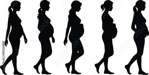 Pregnant woman silhouette collection, maternity walking poses set, expecting mother figures, isolated black pregnancy characters, modern flat vector illustration