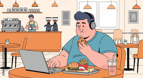Flat vector illustration of overweight freelancer eating fast food in café while working on laptop, showing modern lifestyle