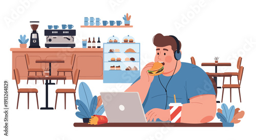 Flat vector illustration of overweight freelancer eating fast food in café while working on laptop, showing modern lifestyle