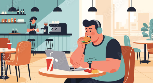 Flat vector illustration of overweight freelancer eating fast food in café while working on laptop, showing modern lifestyle