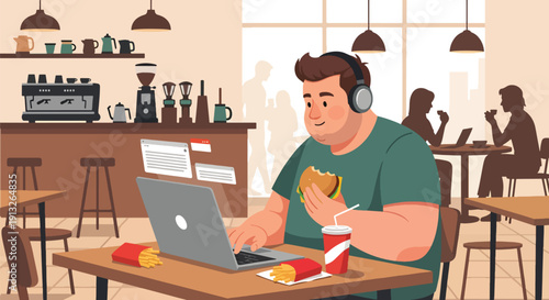 Flat vector illustration of overweight freelancer eating fast food in café while working on laptop, showing modern lifestyle