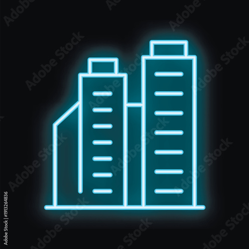 Blue neon sign illustrating three skyscrapers standing side by side, evoking a modern urban landscape