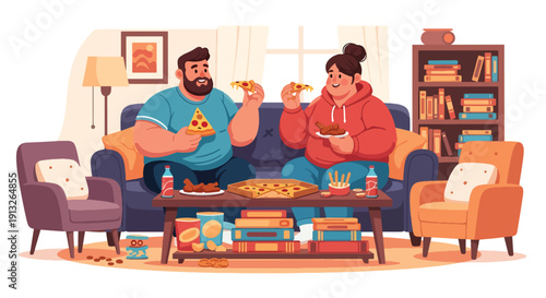 Flat vector illustration of plus-size friends eating pizza and wings during home game night, showing social junk food lifestyle