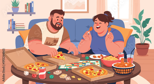 Flat vector illustration of plus-size friends eating pizza and wings during home game night, showing social junk food lifestyle