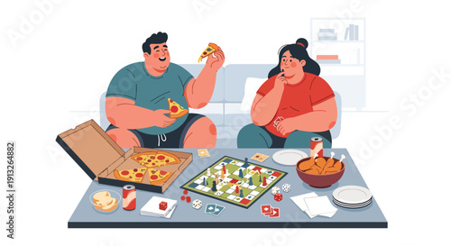 Flat vector illustration of plus-size friends eating pizza and wings during home game night, showing social junk food lifestyle