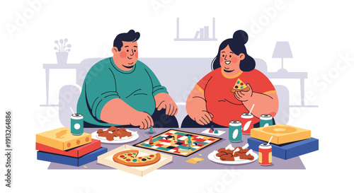 Flat vector illustration of plus-size friends eating pizza and wings during home game night, showing social junk food lifestyle