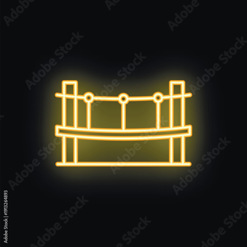 Yellow neon icon of a rope bridge glowing on a black background, perfect for representing concepts such as adventure, crossing, and travel