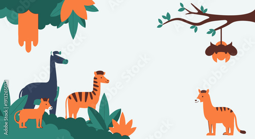 Colorful Jungle Animals Scene with Giraffe, Zebra, Fox, and Monkey in a Tropical Forest