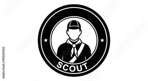 Scout Badge Logo with Man in Uniform and Hat within a Circular Emblem, Isolated White Background