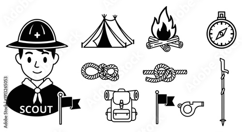 Collection of Scout Camp and Outdoor Adventure Line Icons on an Isolated White Background